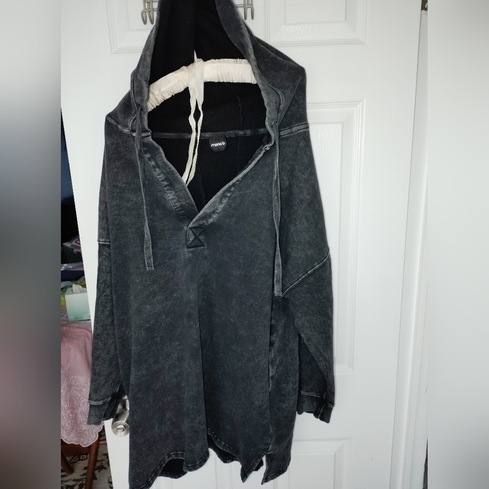 Mono B Black Mineral Wash Drawstring Hoodie Size Large Tunic Length Oversized